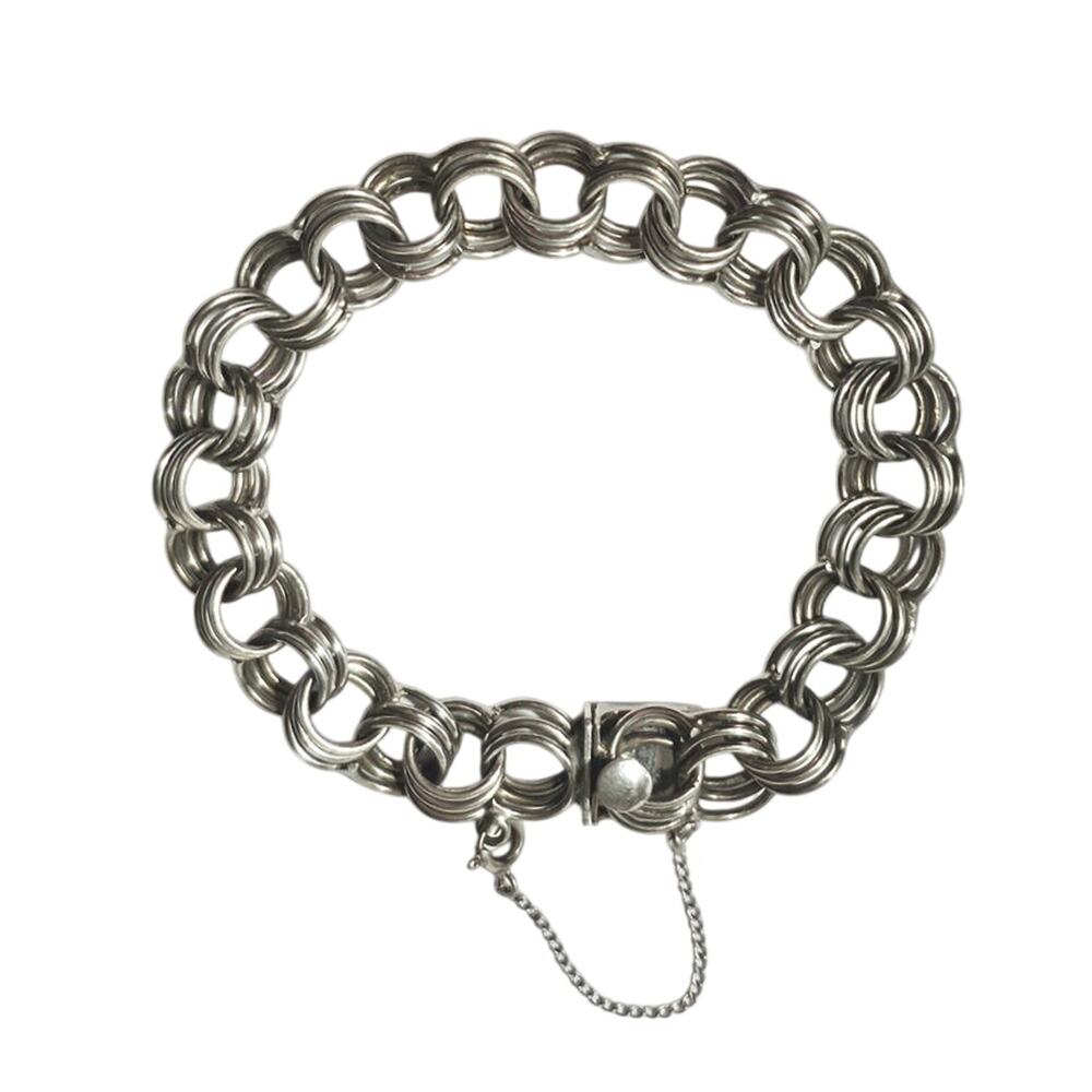 Vintage Heavy Rhodium Plated Sterling Silver Triple Link Charm Bracelet